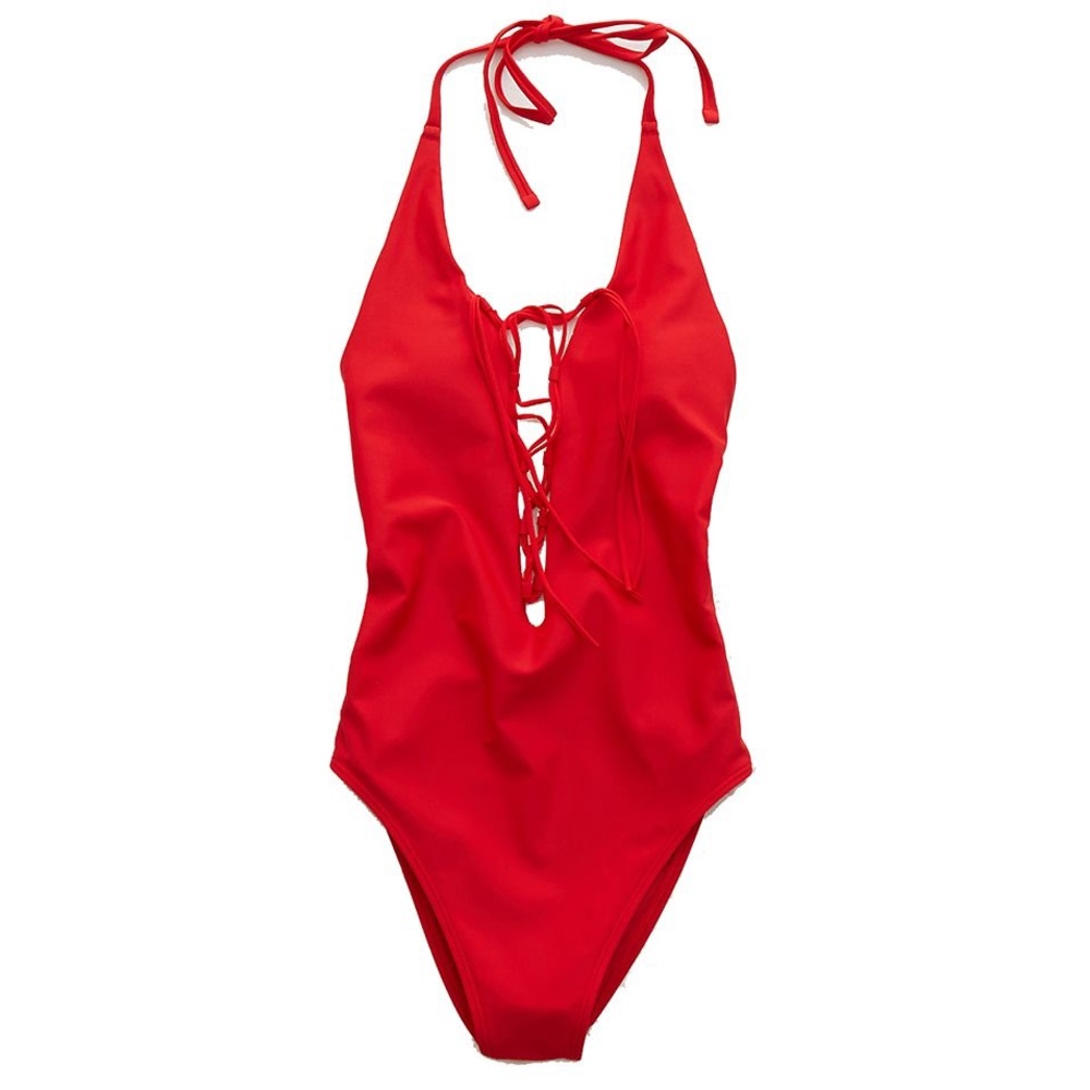 Aerie Lace Up One Piece Swimsuit Red